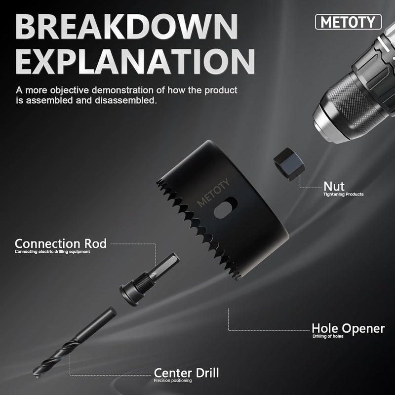 METOTO طقم مناشير ثقوب 9 قطع (1-1/4" إلى 2-1/8"|32-54 مم) مع عمود ومستلزمات قطع للأخشاب اللينة، لوح PVC ومشاريع منزلية - Image 5